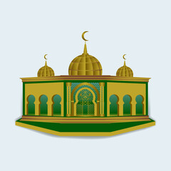 Vector illustration of 3d mosque building. Isolated on light blue background. Luxurious golden palace, Arab Muslim mosque.