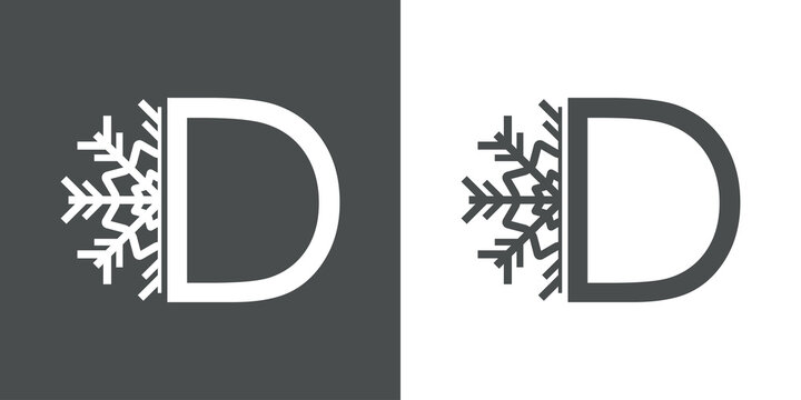 Logotipo letra D con silueta de copo de nieve en fondo gris y fondo blanco