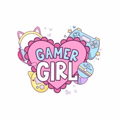 Gamer girl colorful design isolated with pink heart and kawaii objects gamepad, cute headphones, tamagotchi. Gamer quote for card, sticker, poster, card, textile etc. Flat style vector illustration