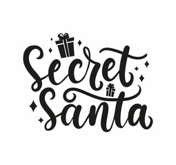 Secret Santa Christmas lettering with doodles isolated on white background. Holiday hand drawn design for greeting card, print, banner, textile etc. Flat style vector illustration