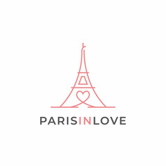 Fototapeta na wymiar Line art Eiffel Tower with hearts love logo design
