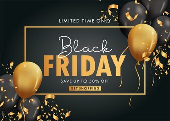 Black friday background with beautiful golden balloons and flying serpentine. Modern design - 461224413