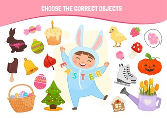 Educational game for children. Cartoon cute girl. Choose the correct objects. Easter collection.