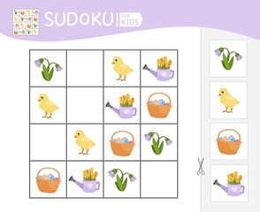 Sudoku game for children with pictures. Kids activity sheet. Easter collection.