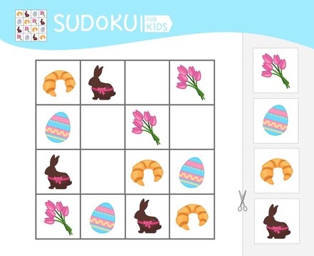 Sudoku game for children with pictures. Kids activity sheet. Easter collection.