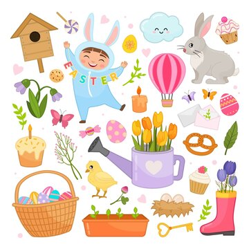 Big vector set of Easter icons. Collection of scrapbooking elements. Easter icons. Cartoon elements: Easter bunny, snowdrops, eggs and Easter cake, flowers in a watering can.
