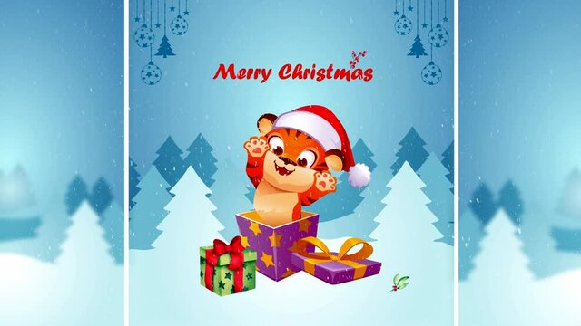 Tiger cub in a cap of santa claus with gifts on the background of the winter forest