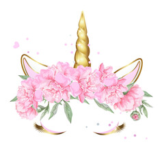 Face of a unicorn with closed eyes in a wreath of pink flowers with sparkles.