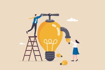 Inspiration ideas, mentorship or coaching to motivate or guidance business solution, creativity and innovation to help grow business concept, businessman manager turn lightbulb valve to provide ideas. © Nuthawut
