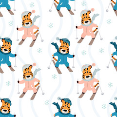 Seamless vector pattern of cute tiger skiing. Sports animal in winter for wrapping paper, background, postcard