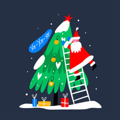Santa decorates the Christmas tree - Christmas and New Year - modern flat vector concept illustration of cheerful Santa Claus.