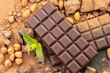 chocolate bar with hazelnuts, mint leaf, handmade sweets. Composition of bars dark chocolates hazelnuts, mint leaves on black background, top view. Pastry craft on the table for chocolate background