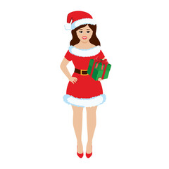Cute young woman wearing santa costume icon vector. Beautiful santa girl with christmas gift icon vector. Cute santa girl icon isolated on a white background