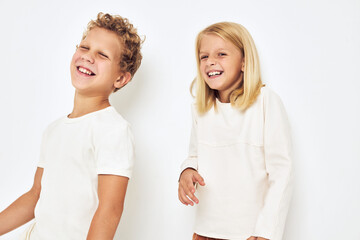 cheerful children dance smile posing casual wear isolated background