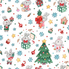Seamless pattern with new year bunnies, christmas tree, gifts, sweets, decorations, confetti, snowflakes. Watercolor hand painted illustration. Winter holiday print