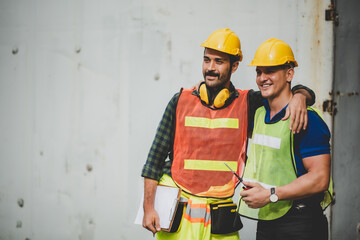 Two young male workers wearing vest jacket with earphone and hard hat helmet holding clipboard while supervising and standing at shipping warehouse