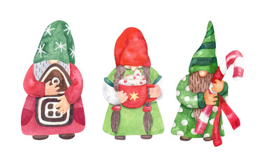 Gnomes with sweets. Gingerbread house, candy cane and cup of cappuccino.  Watercolor hand painted illustration isolated on white. Red and green colors.  Great for Christmas cards.
