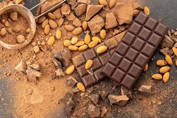 Cooking chocolate bars with almonds, desserts, handmade sweets. Composition of bars and pieces milk and dark chocolate, grated cocoa on black background top view. Confectionery craft on table