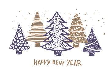 Happy new year, Christmas trees hand drawn. Vector illustration.	
