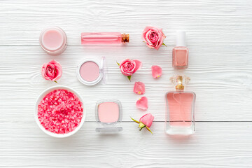 Set of roses cosmetic products with essential oil and liquid for skin care