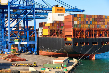 Containers on a vessel. Global market. Cargo shipping. Logistic