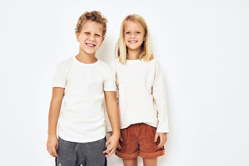 little cheerful cheery friends gesticulate with their hands isolated background
