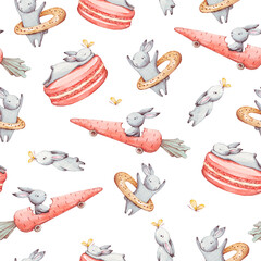 Cute watercolor seamless pattern. Wallpaper with party cupcakes and beautiful fantasy bunnies cartoon animals on white background. Hand-drawn vintage texture.