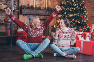 Full length body size photo elder couple smiling sitting on floor before xmas gesturing like winner