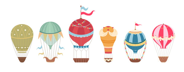 Set of vintage hot air balloons with ribbons and flags. Retro air transport. Vector flat cartoon balloons with baskets for stickers and postcards.