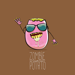 vector funny cartoon cute pink zombie potato character isolated on brown background. My name is zombie potato vector concept halloween background. monster vegetable funky character