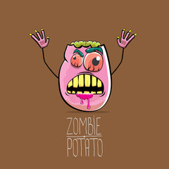 vector funny cartoon cute pink zombie potato character isolated on brown background. My name is zombie potato vector concept halloween background. monster vegetable funky character