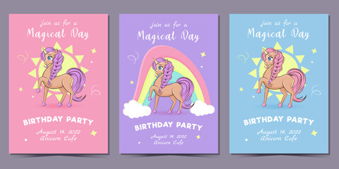 Set of birthday invitation cards with a unicorn and text. © Katya_N