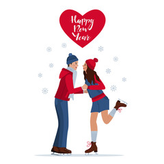 A greeting card with a couple of lovers skating. Congratulations on the New year. Vector.