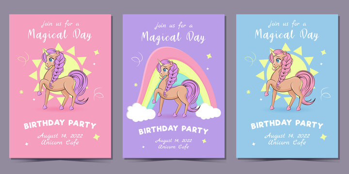 Set of birthday invitation cards with a unicorn and text.
