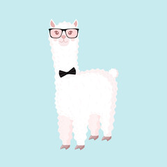 Cool llama or alpaca with a mans bow tie and glasses on a blue background. Vector illustration for baby texture, textile, fabric, poster, greeting card, decor. © Irina Anashkevich
