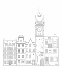 Set of different european buildings, houses. West european styled buildings. Coloring book antistress for adults and children. Black and white. Outline style. White background. Vector illustration.