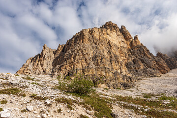 Fototapeta na wymiar Mountain peaks of the Sesto Dolomites. South rock face of Tre Cime di Lavaredo or Drei Zinnen (three peaks of Lavaredo), UNESCO world heritage site, Trentino-Alto Adige and Veneto, Italy, Europe.
