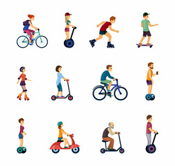 Plakat People on ecological transport set. Fun rollerblading and skateboarding rides active male and female characters ride gyroscooters and bicycles around city travel along road. Vector energy sport.