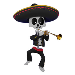 3d skeleton in a mexican male costume with a sombrero on his head playing the trumpet, the concept of the El Día de Muertos holiday, 3D rendering