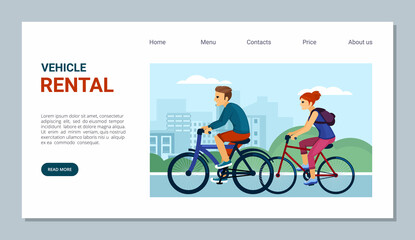 Rent and hire bicycles landing page. Convenient trips out of town without buying bike outdoor activities with repairs and service stations trips on ecological transport. Vector cartoon banner.
