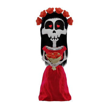 3d Skeleton Calavera Katrina in a red dress, the concept of the El Día de Muertos holiday, isolated illustration on white background, 3d rendering