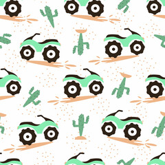 Seamless pattern with green quads and Mexican cacti in the desert and drops of mud on a white background. Suitable for children's clothing, knitwear and packaging.