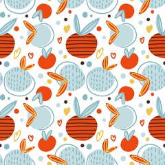 Abstract seamless pattern of berries, leaves, hearts, lines in the style of doodles. For textiles, packaging, wallpaper, website