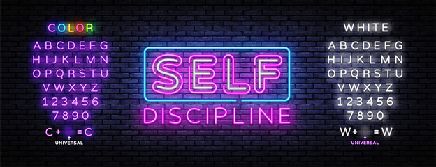 Self Discipline Neon Sign Vector. Self Discipline Neon inscription, design template, modern trend design, night signboard. Vector illustration. Editing text neon sign