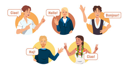 European young men, women multiethnic characters © iconicbestiary