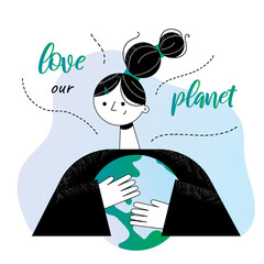 Save the Earth, the planet, our home. Happy girl hugs the planet. Happy Earth Day. The concept of caring for the planet, nature. Flat vector illustration 