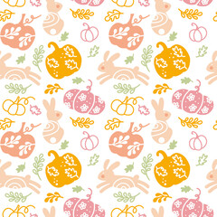 Pumpkins illustration in pastel colors for fabric, wrapping, textile, wallpaper, apparel. Seamless pattern for kids. Rabbit, flowers, plants, pumpkin.  Autumn season. Spring season. Vector.