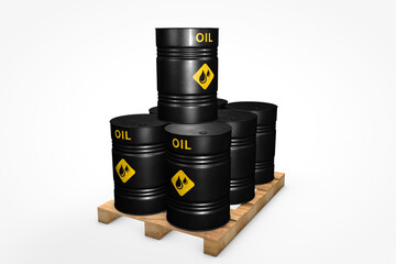 Group of black oil barrels isolated on white background, 3d illustration