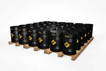 Group of black oil barrels isolated on white background, 3d illustration