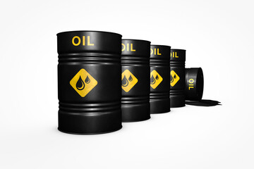 Group of black oil barrels isolated on white background, 3d illustration